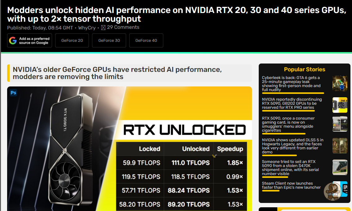 RTX 20·30·40 시리즈, 숨겨진 AI 연산 성능 제한 해제 성공 관련 이미지 1