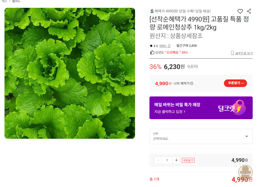 [롯데온] 로메인청상추1kg (4,990원) (무료) 관련 이미지 1