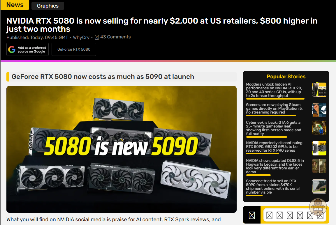 RTX 5080 미국 판매 가격, 2,000달러에 근접 관련 이미지 1