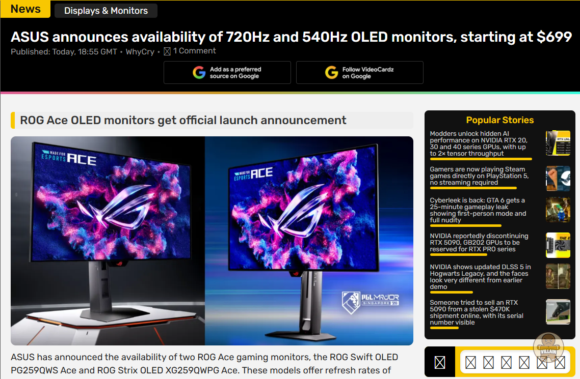 720Hz OLED 게이밍 모니터 등장…미국 가격 1,099달러 관련 이미지 1