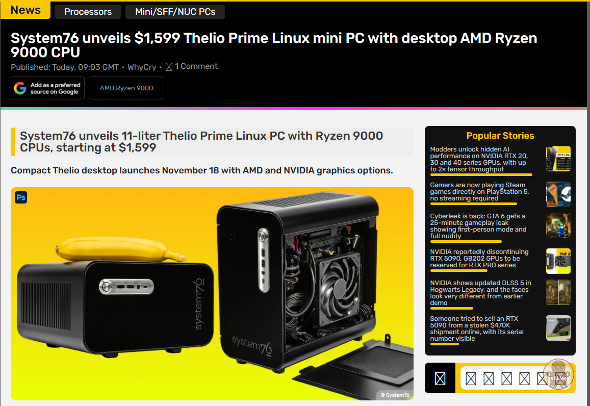System76, 라이젠 9000 CPU 탑재한 11리터 Thelio Prime 리눅스 PC 공개…가격은 1,599달러부터 관련 이미지 1