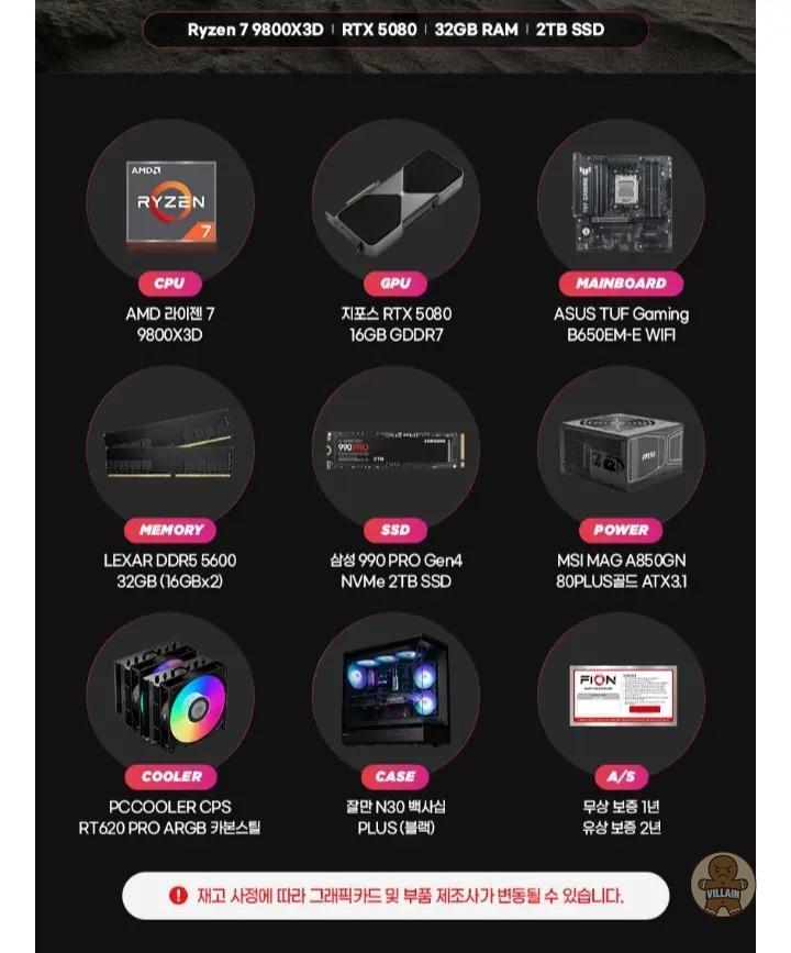 [11번가] 파이온PC 라이젠7 9800X3D RTX5080 32G 삼성990 2T 조립… (4,285,140원 / 무료배송) 관련 이미지 2